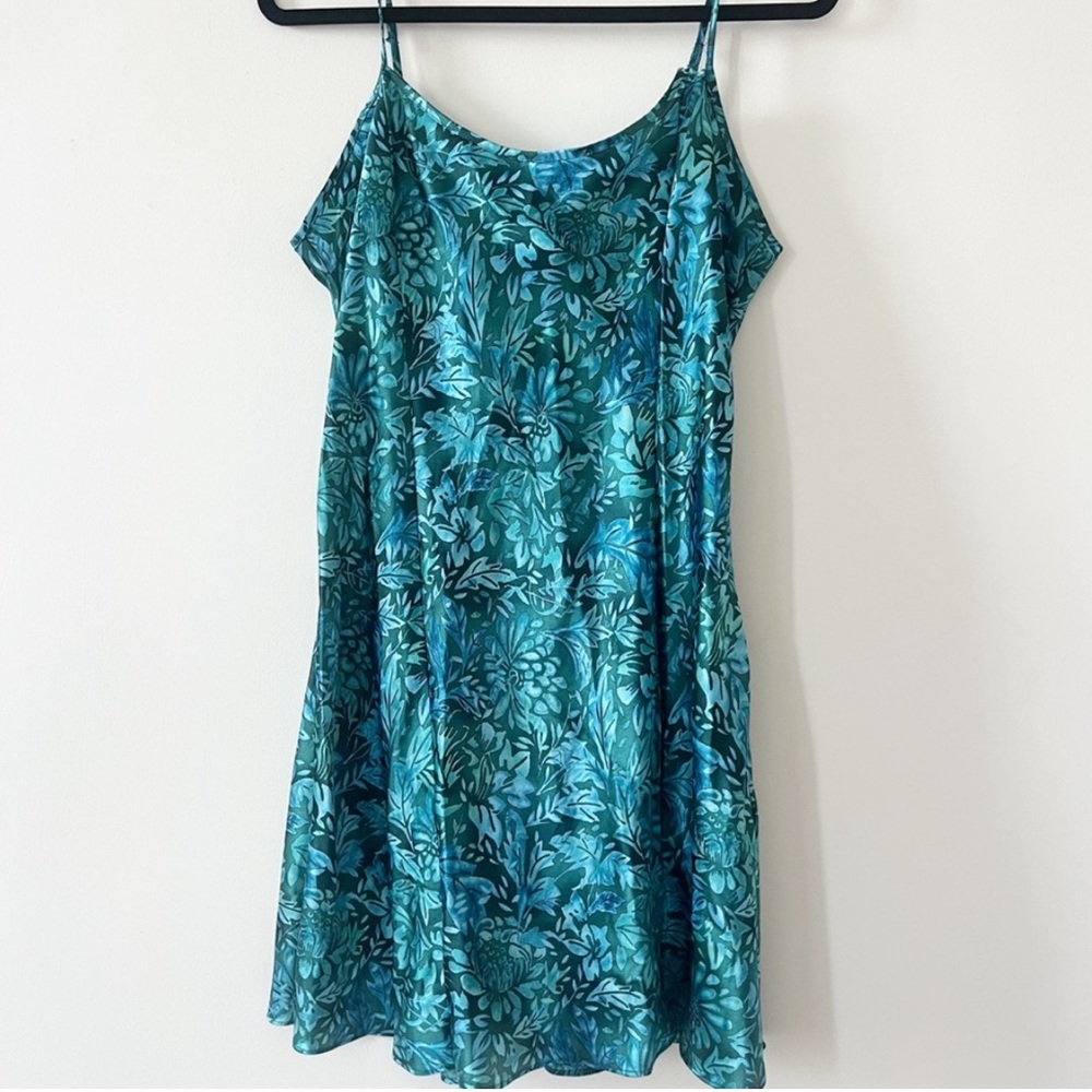 Vintage Sophia Blue Green Floral Print Silky Slip Dress